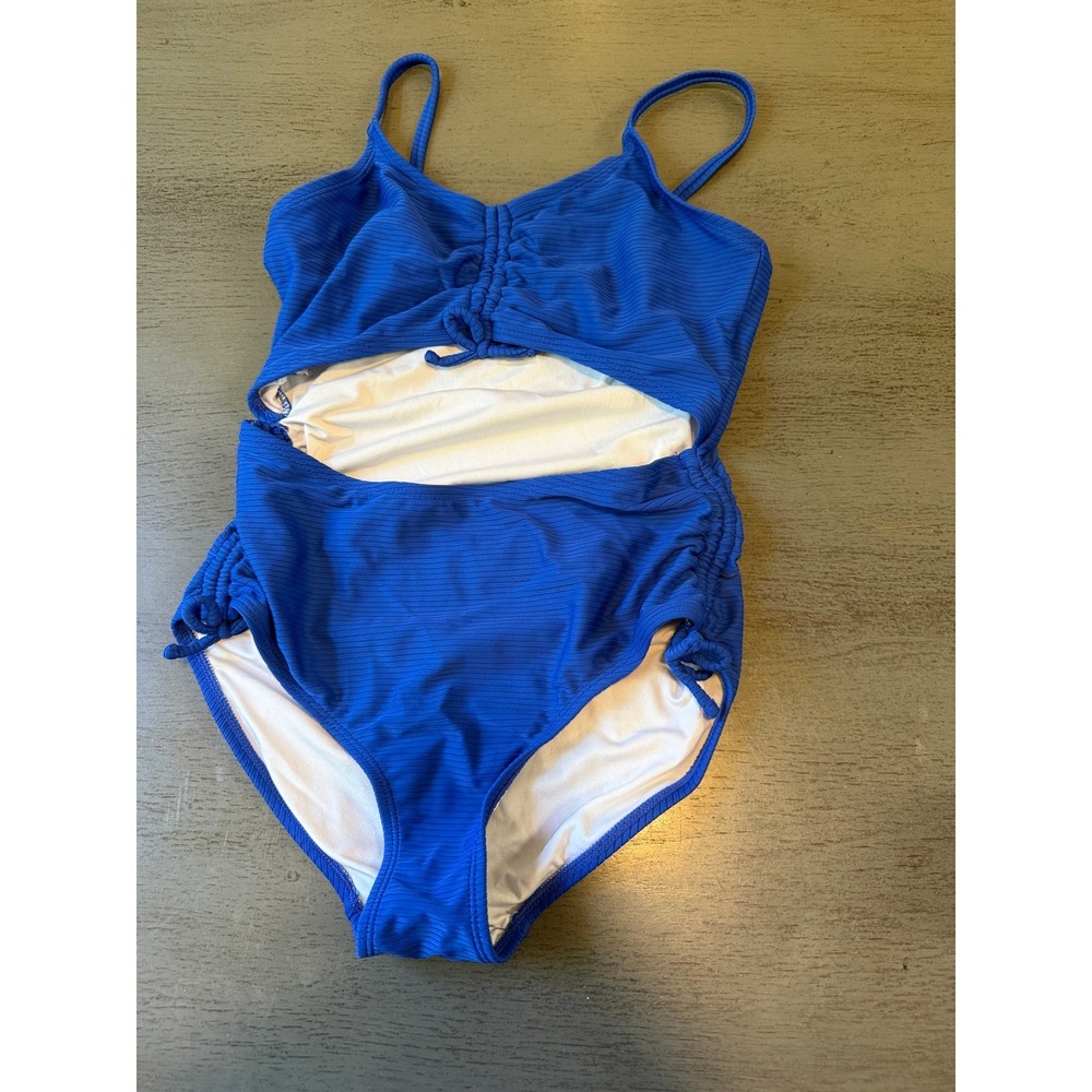 Girls Royal Blue Ribbed Cutout One Piece Swimsuit Size XL 14-16 Cinch Tie
